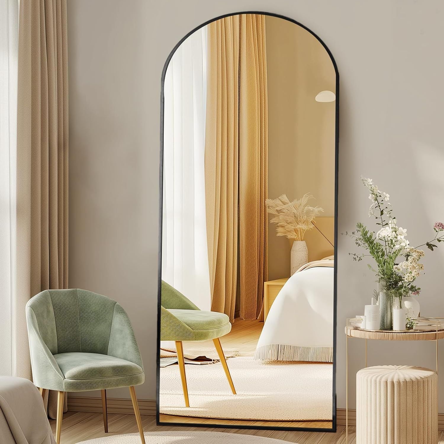 DUMOS Arched Full Length Floor Mirror with Stand,, Black, Nano Glass