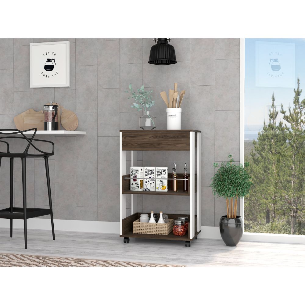 Dundee Kitchen Cart with Countertop, Drawer & Open Shelves