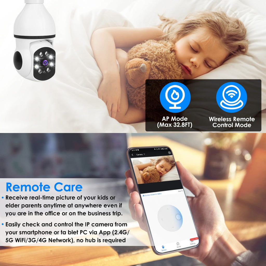 E27 WiFi Bulb Camera with 1080P HD, Full Color Night Vision, and Two-Way Audio