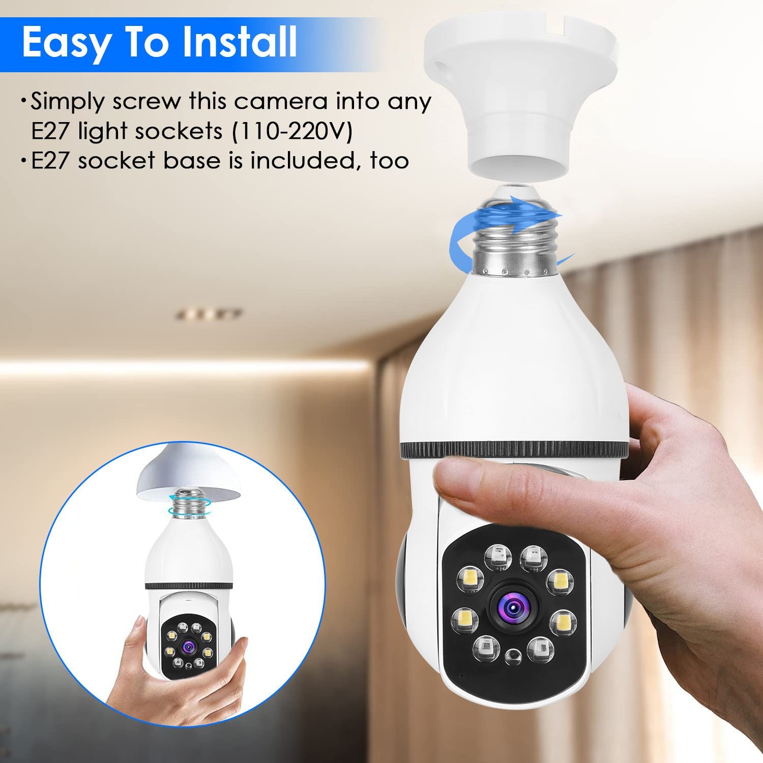 E27 WiFi Bulb Camera with 1080P HD, Full Color Night Vision, and Two-Way Audio