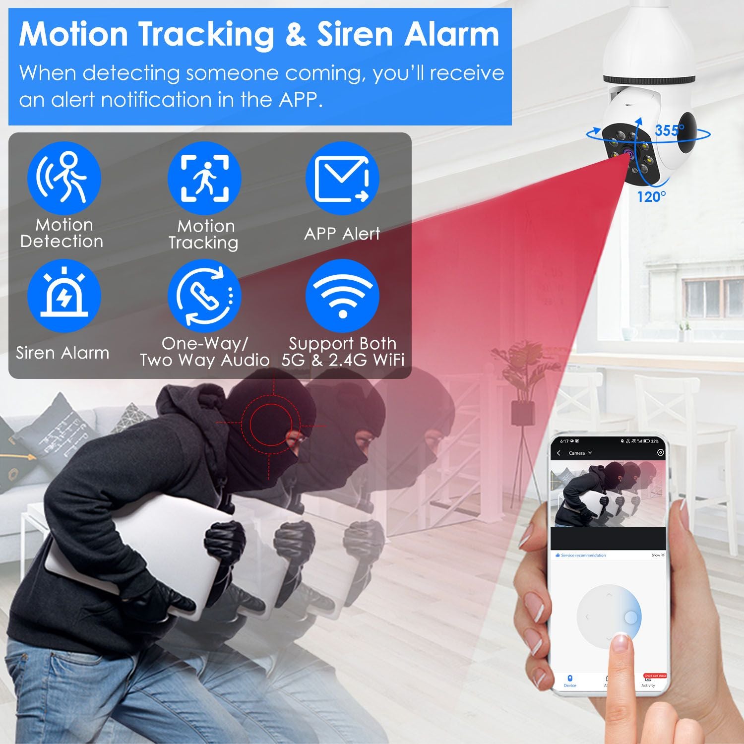 E27 WiFi Bulb Camera with 1080P HD, Full Color Night Vision, and Two-Way Audio