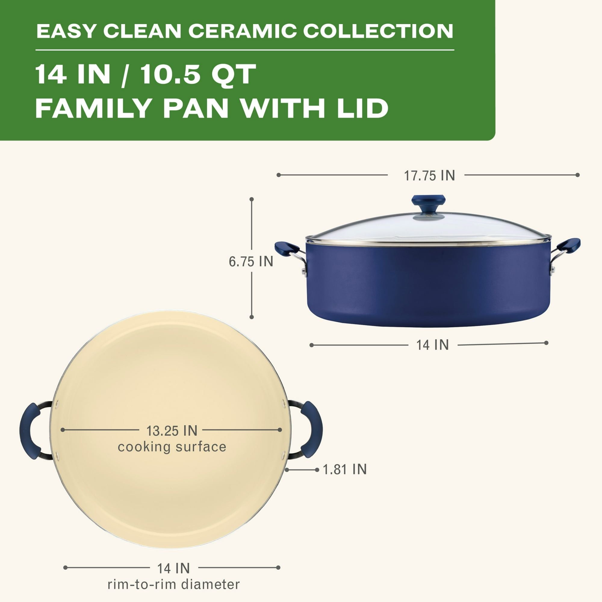 Large Ceramic Nonstick Family Pan with Glass Lid – 10.5 Quart Capacity, Blue