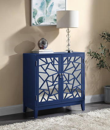 Blue Finish Console Cabinet with Two Mirror-Front Doors