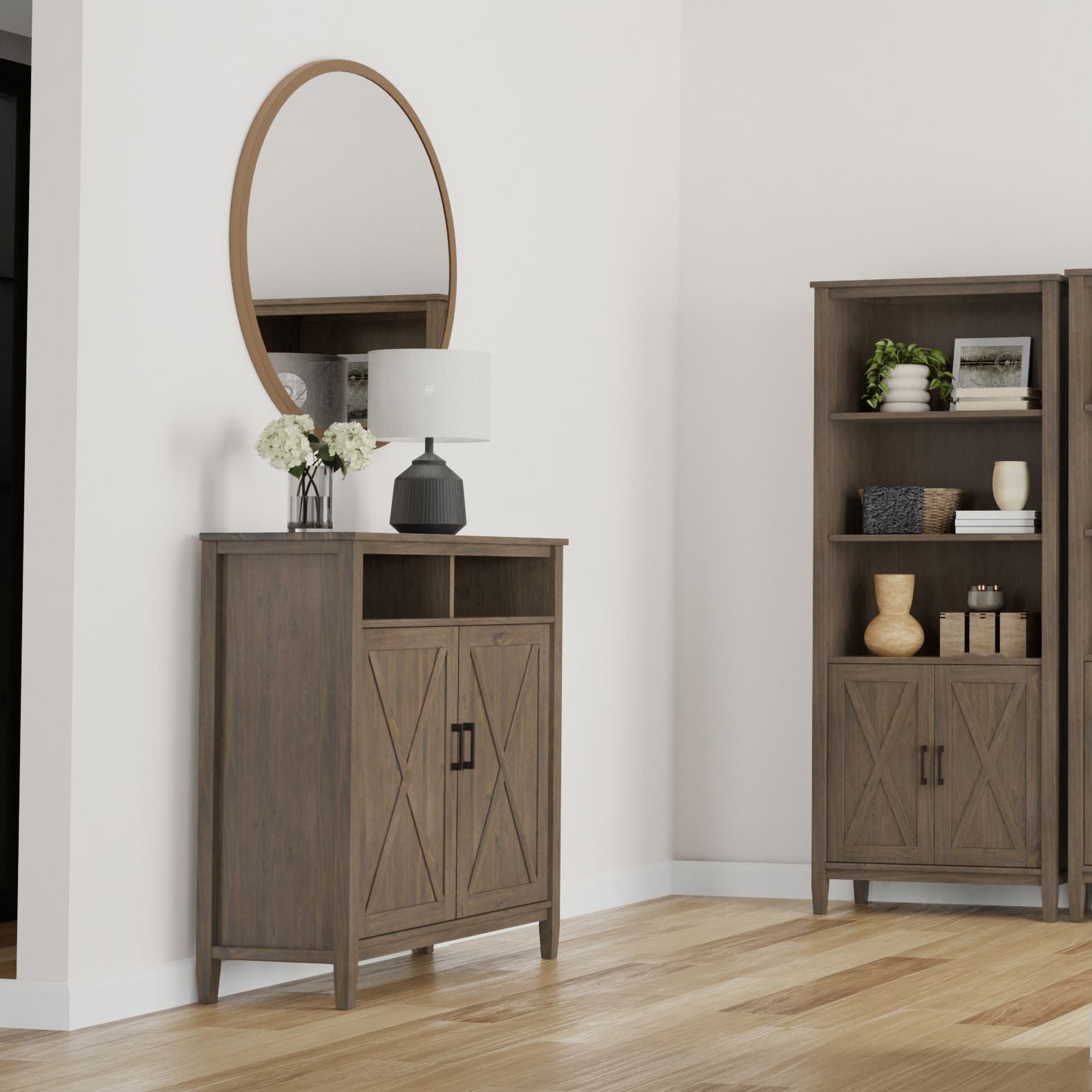 Ela Medium Storage Cabinet - Smoky Brown Finish with Adjustable Shelves and Open Cubbies