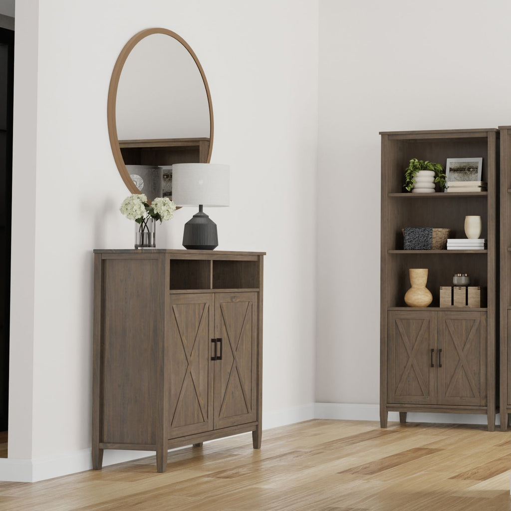 Ela Medium Storage Cabinet - Smoky Brown Finish with Adjustable Shelves and Open Cubbies