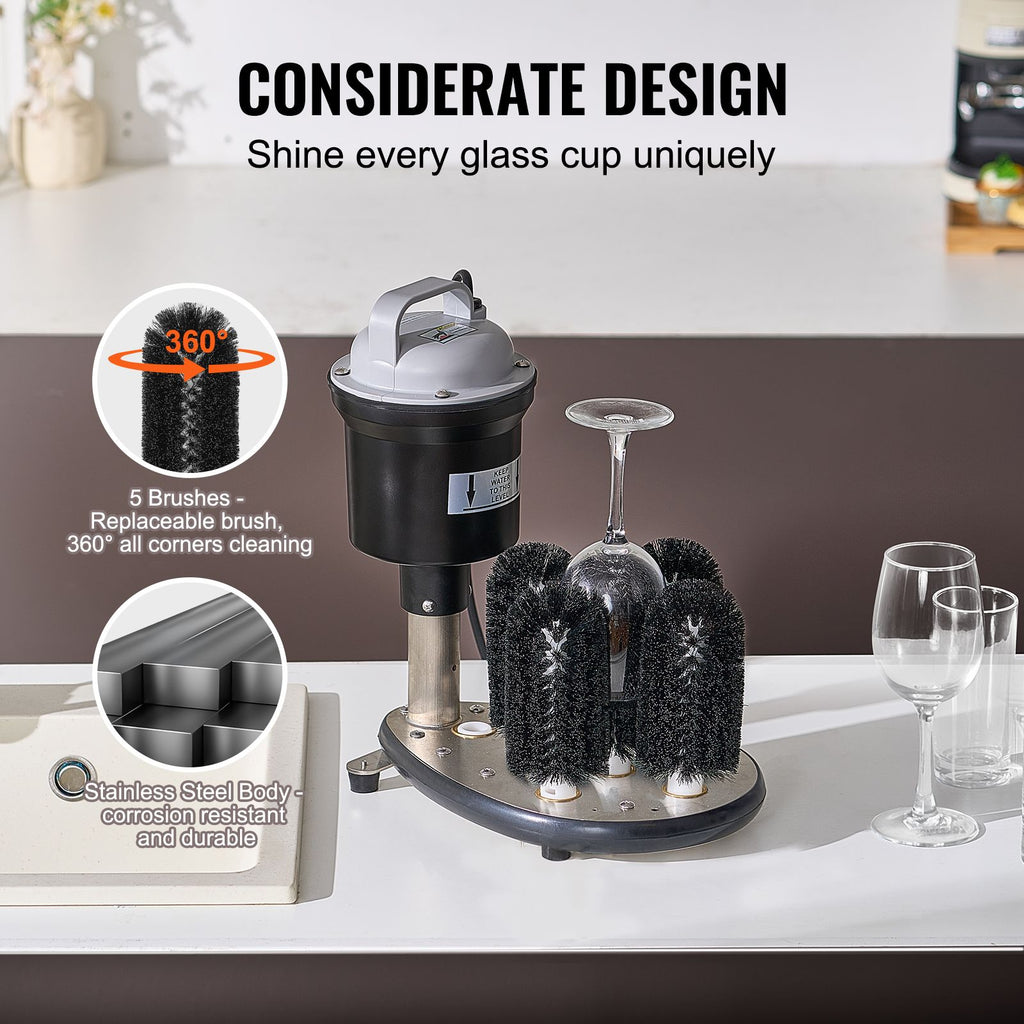 Commercial Electric Glass Washer with Five Replaceable Brushes