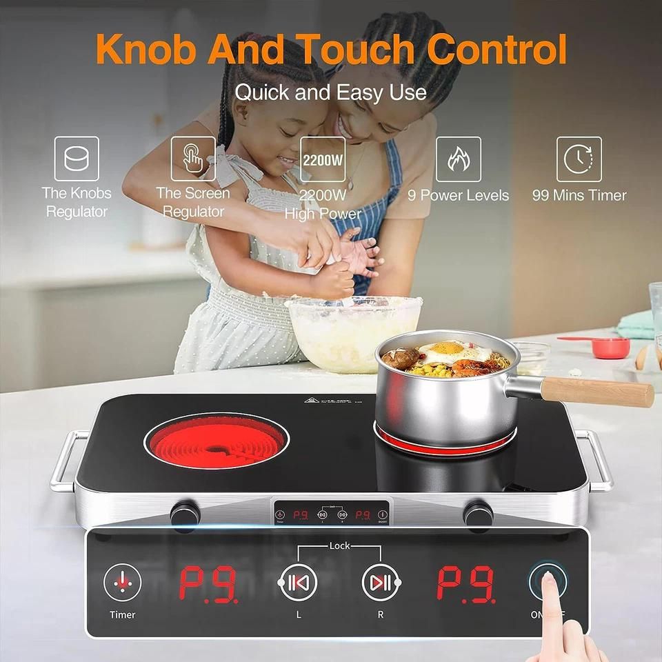 Electric Cooktop 2 Burner Countertop Electric Stove Top Knob Control 2200W 120V