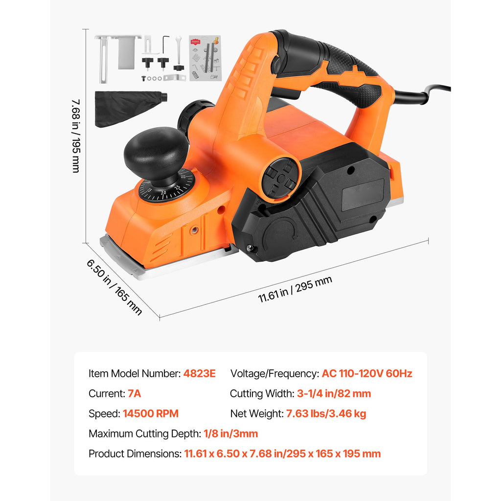 Corded Electric Hand Planer, 7-Amp, 3-1/4- Cut, Adjustable Depth for Woodworking
