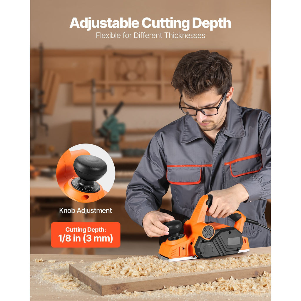 Corded Electric Hand Planer, 7-Amp, 3-1/4- Cut, Adjustable Depth for Woodworking