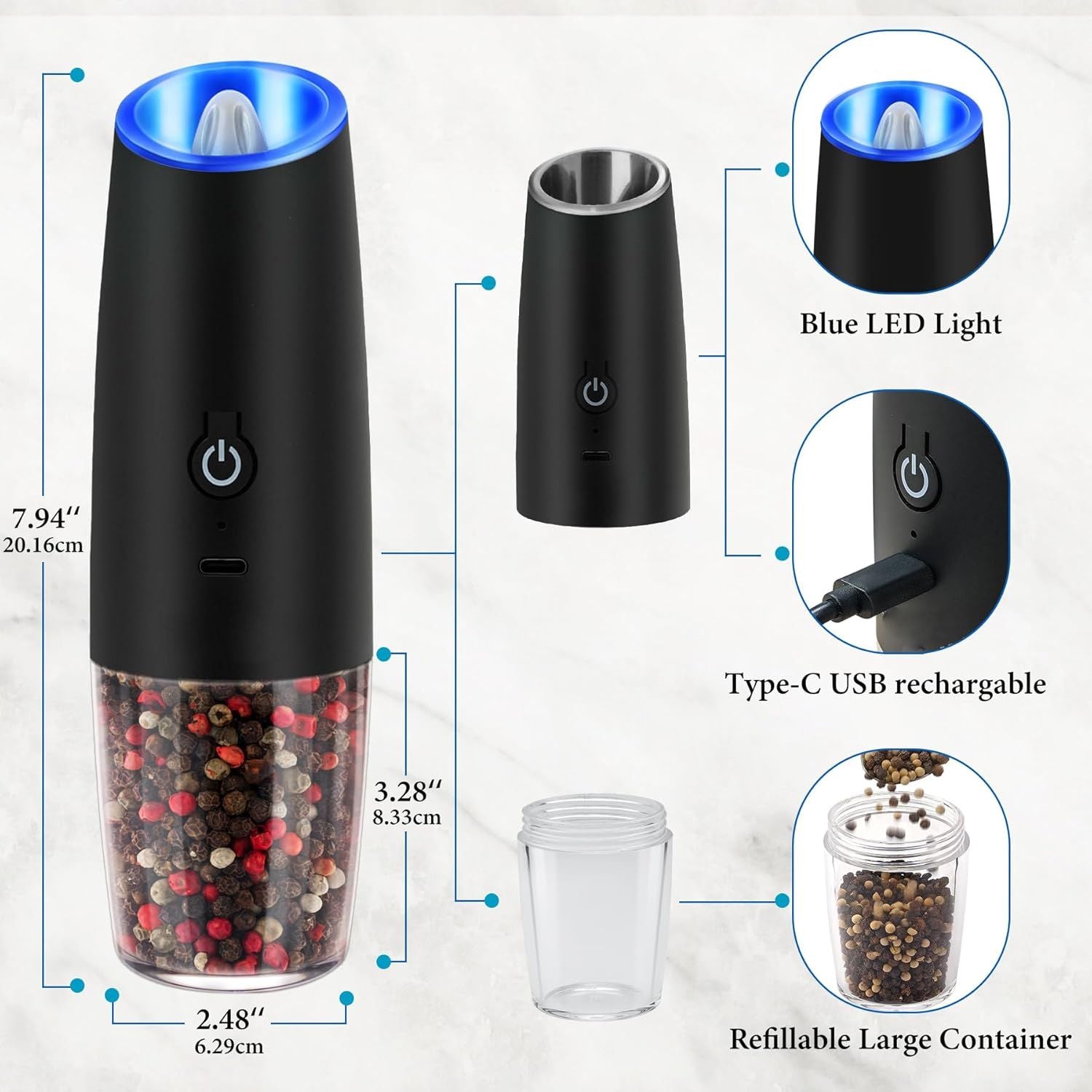 Electric Salt and Pepper Grinder Set – Rechargeable with Adjustable Coarseness and LED Light