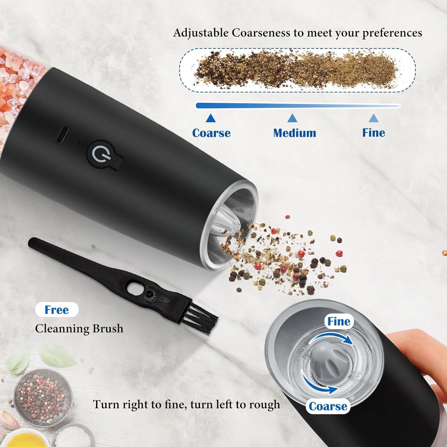 Electric Salt and Pepper Grinder Set – Rechargeable with Adjustable Coarseness and LED Light