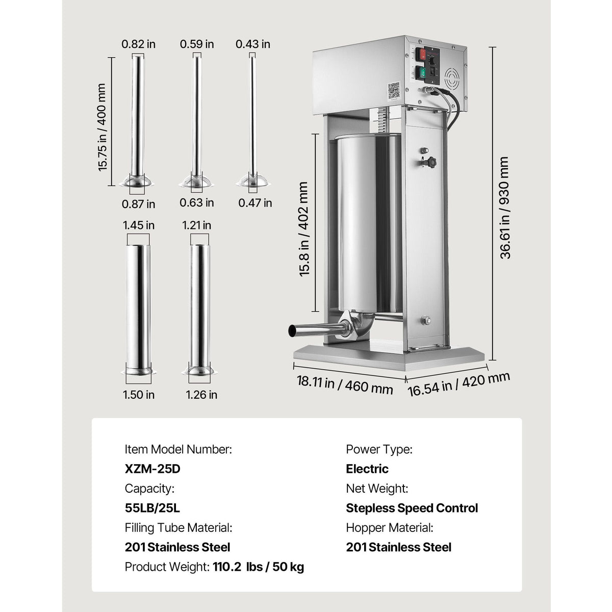 Electric Sausage Stuffer, / 25 L Vertical Meat Stuffer, Stepless Speed Control and