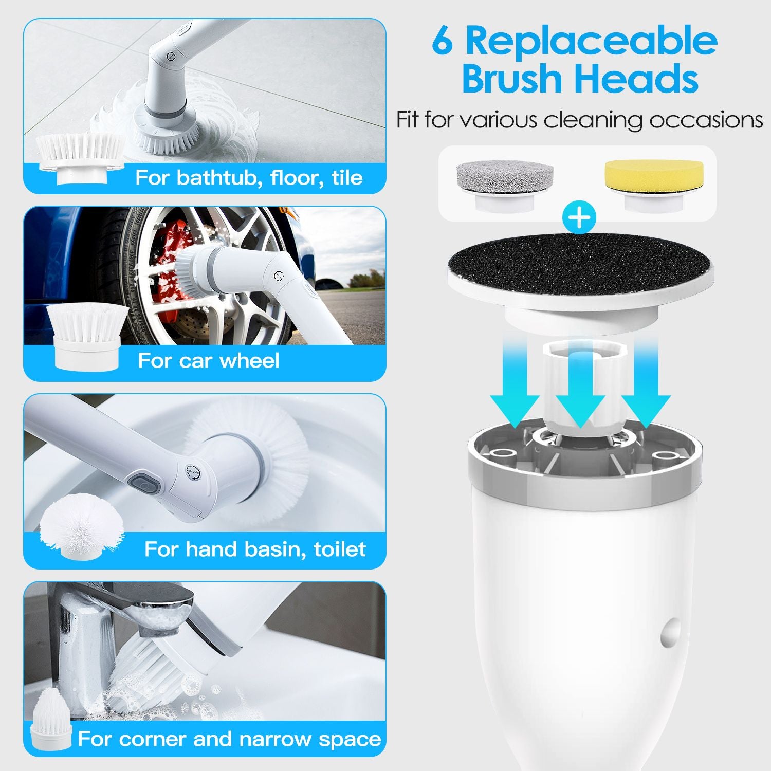 Cordless Electric Spin Scrubber with 6 Brush Heads and Telescopic Arm