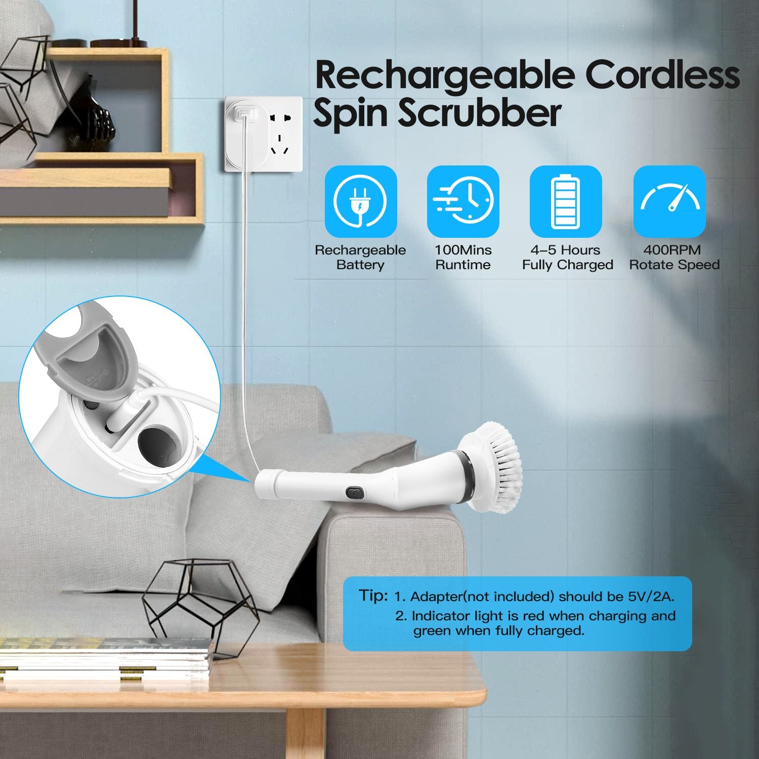 Cordless Electric Spin Scrubber with 6 Brush Heads and Telescopic Arm