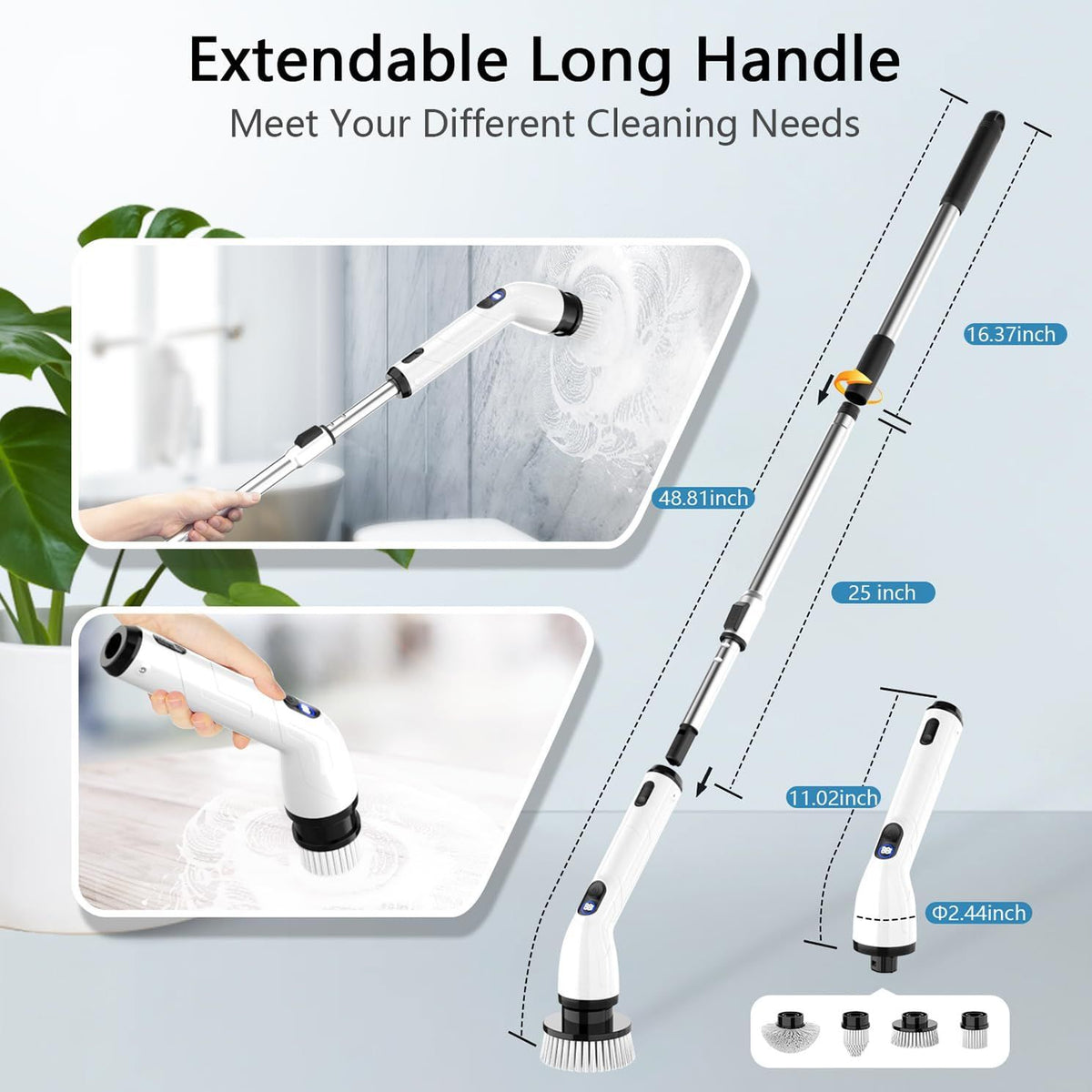 Electric Spin Scrubber – Cordless, IPX7 water-ready, 2 Speeds up to 450RPM