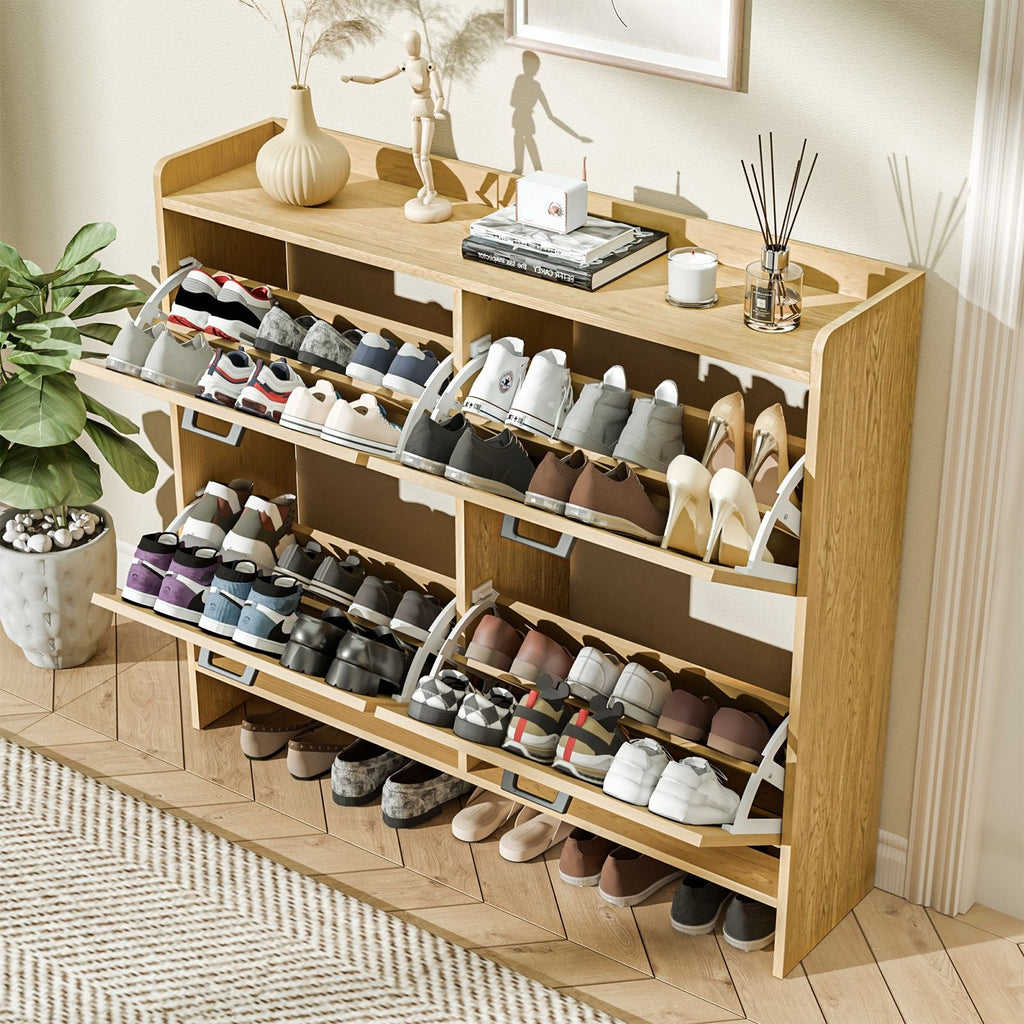 Elegant 4 Flip Drawer Shoe Cabinet – Holds 32 Pairs, Vintage Brown with Top Shelf