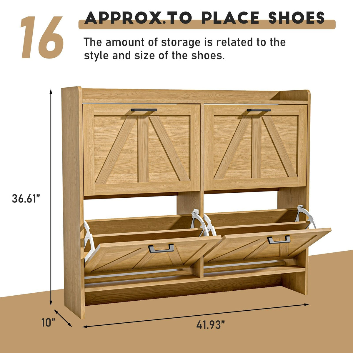Elegant 4 Flip Drawer Shoe Cabinet – Holds 32 Pairs, Vintage Brown with Top Shelf