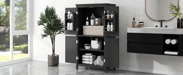 4-Door Freestanding Bathroom Floor Storage Cabinet with Adjustable Shelves