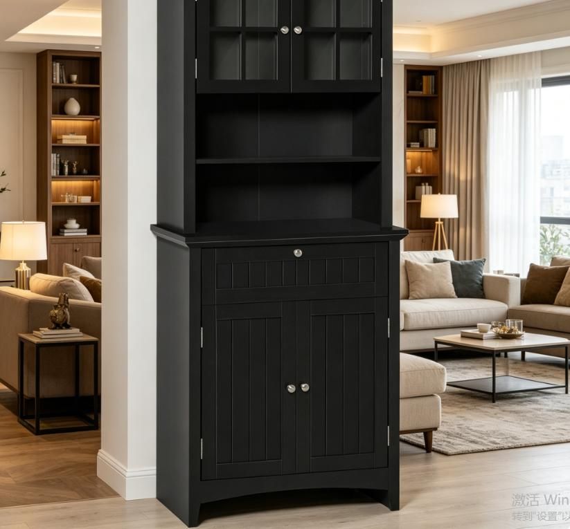 Elegant Black Buffet with Kitchen Pantry Storage Cabinet Framed Glass Door Drawer