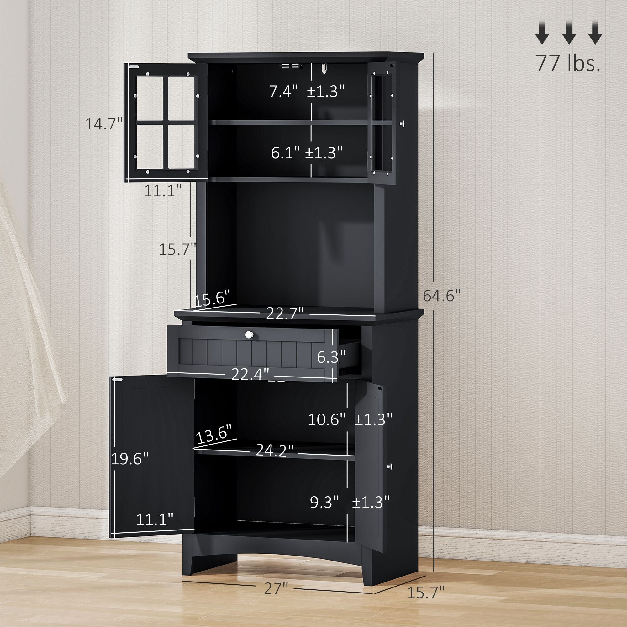 Elegant Black Buffet with Kitchen Pantry Storage Cabinet Framed Glass Door Drawer