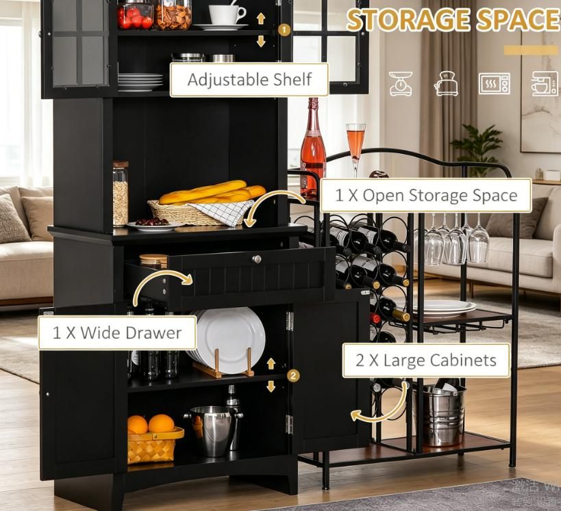 Elegant Black Buffet with Kitchen Pantry Storage Cabinet Framed Glass Door Drawer