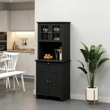 Elegant Black Buffet with Kitchen Pantry Storage Cabinet Framed Glass Door Drawer
