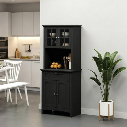 Elegant Black Buffet with Kitchen Pantry Storage Cabinet Framed Glass Door Drawer
