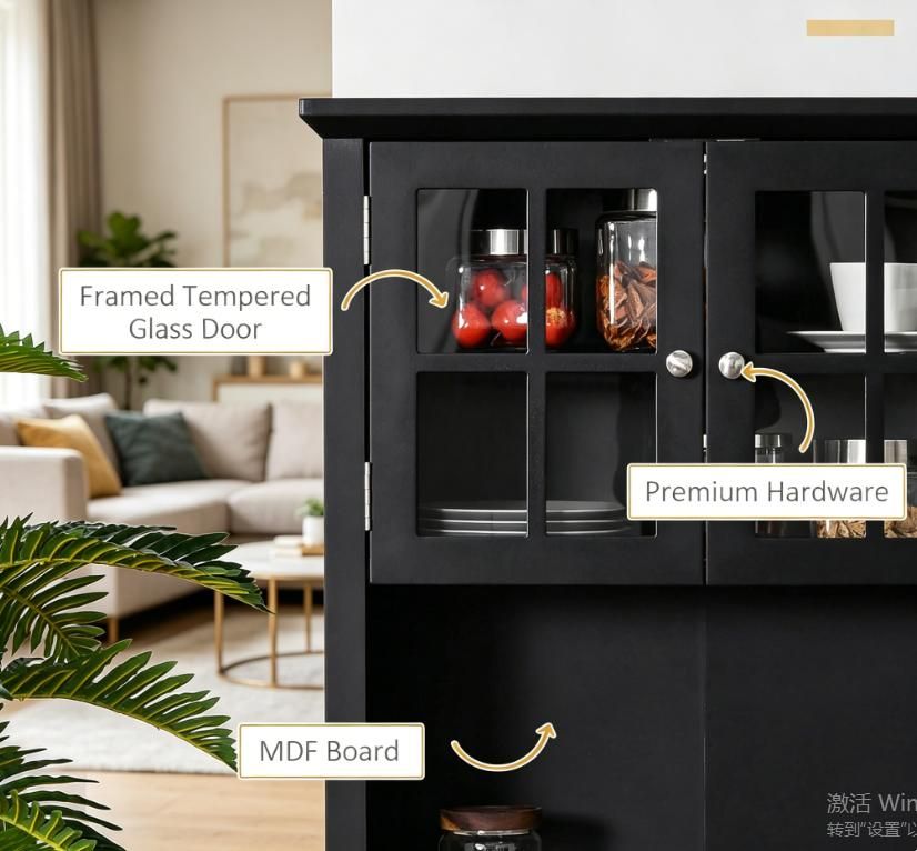 Elegant Black Buffet with Kitchen Pantry Storage Cabinet Framed Glass Door Drawer
