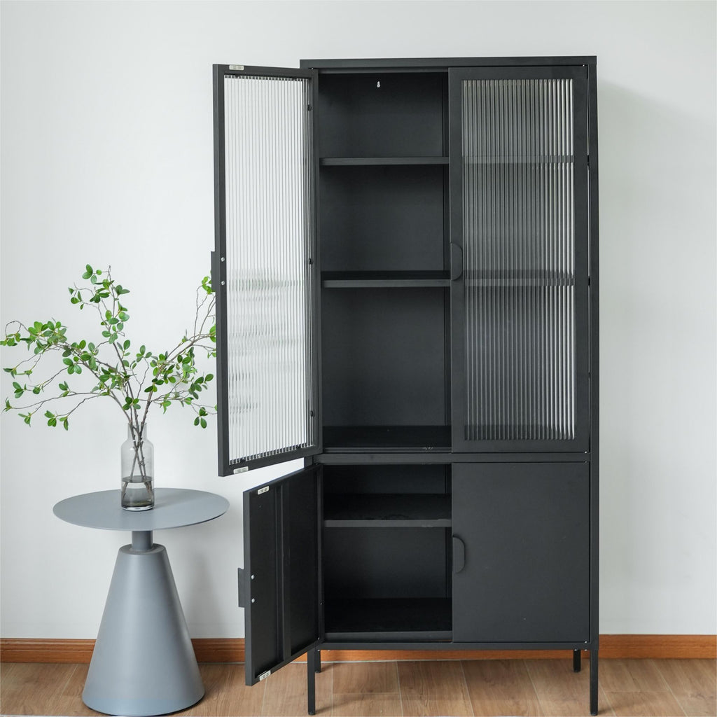 Matte Black Ribbed-Glass Storage Cabinet