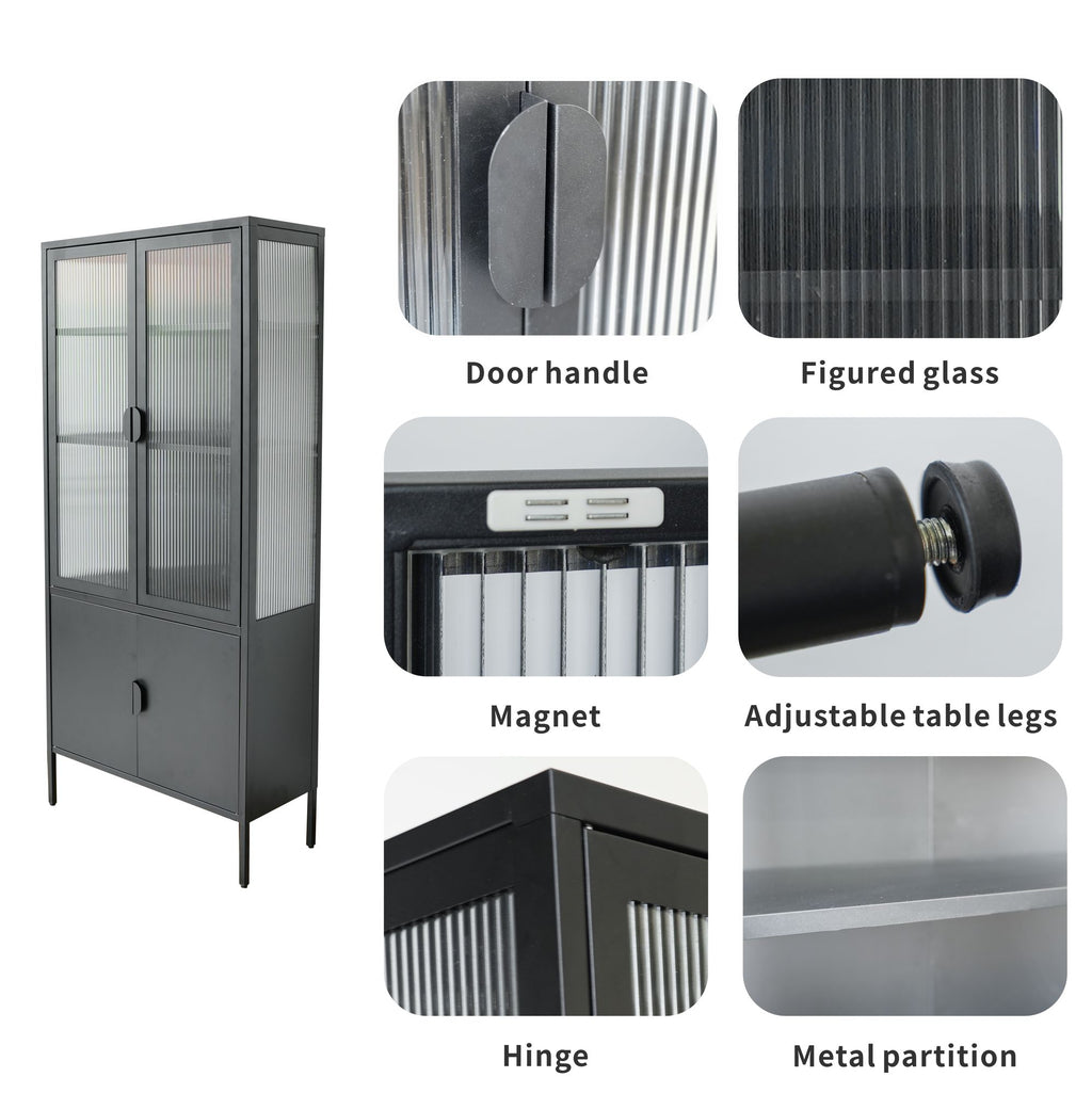 Matte Black Ribbed-Glass Storage Cabinet