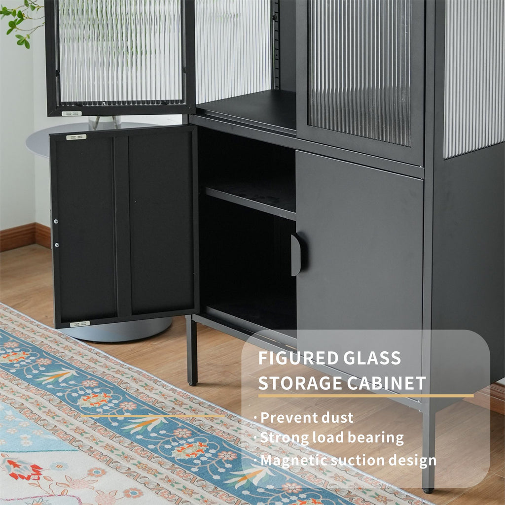Matte Black Ribbed-Glass Storage Cabinet