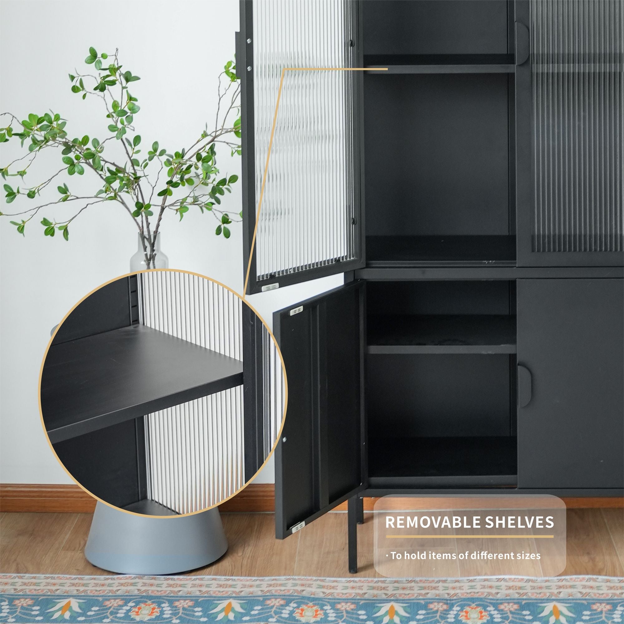 Matte Black Ribbed-Glass Storage Cabinet
