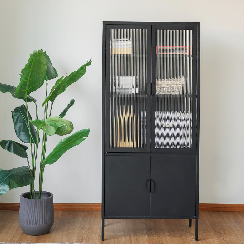 Matte Black Ribbed-Glass Storage Cabinet