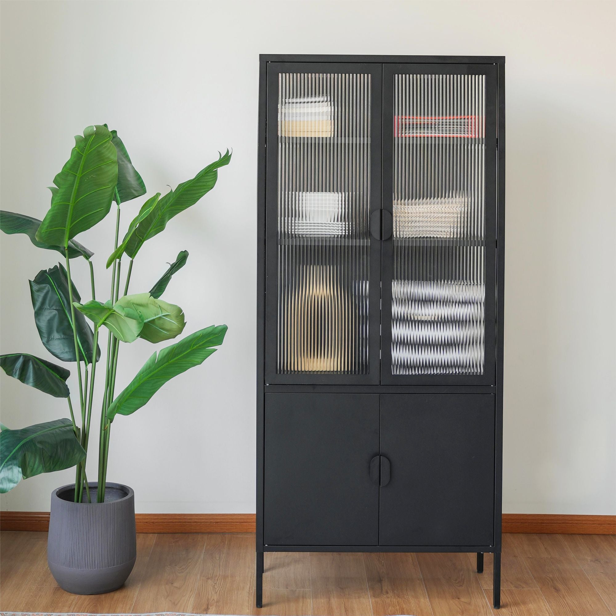 Matte Black Ribbed-Glass Storage Cabinet