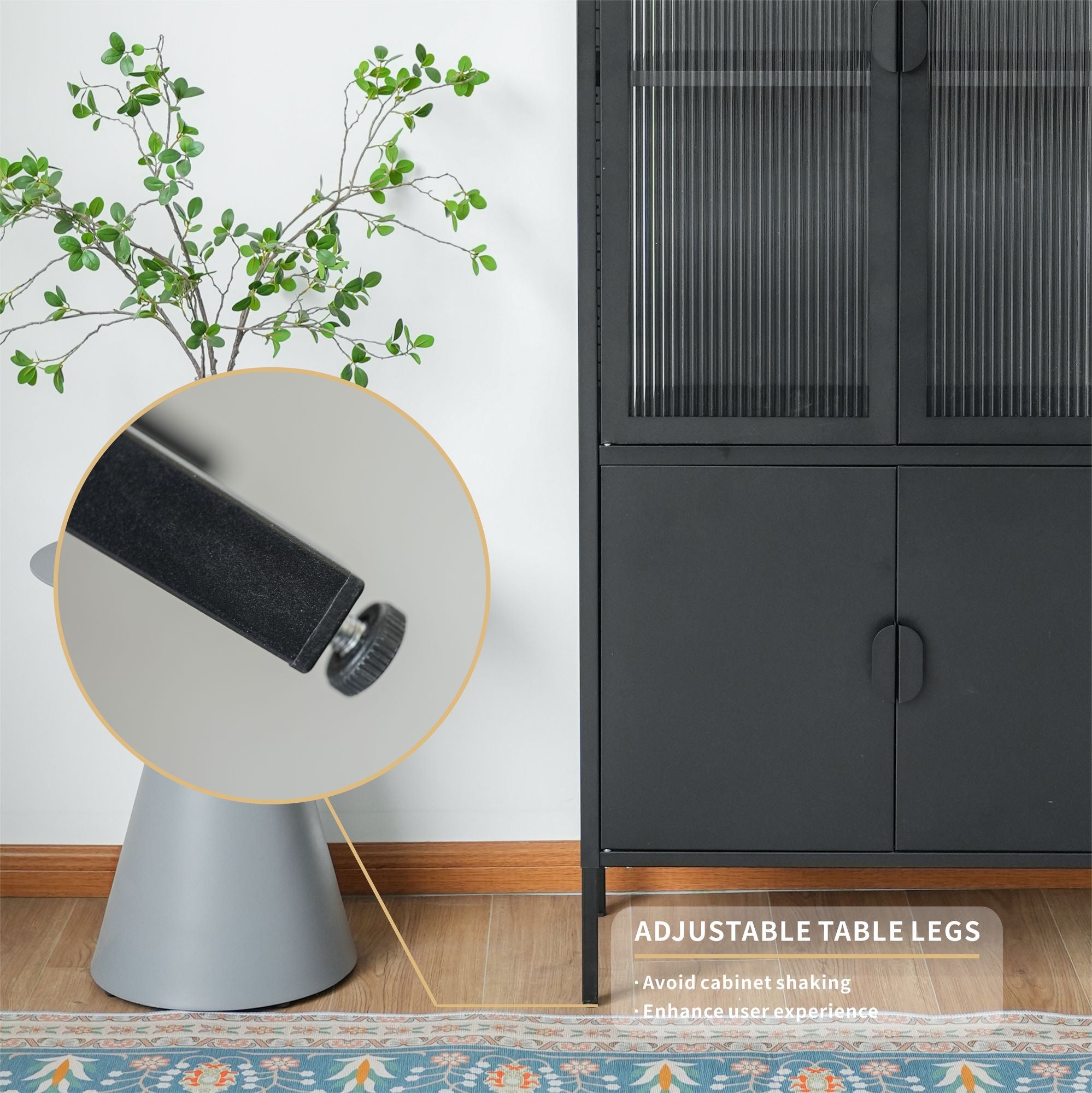 Matte Black Ribbed-Glass Storage Cabinet