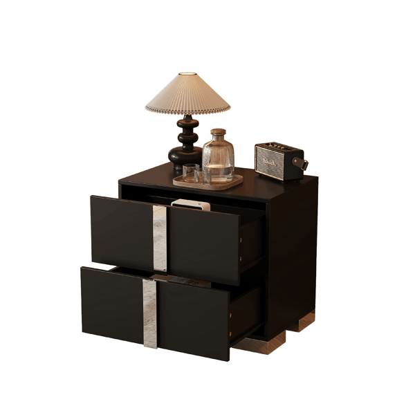 Black Mirrored Nightstand with Two Drawers