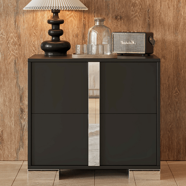 Black Mirrored Nightstand with Two Drawers