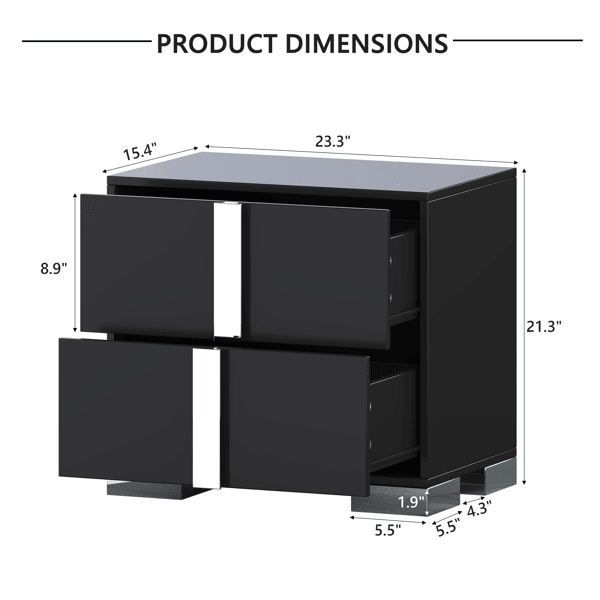 Black Mirrored Nightstand with Two Drawers