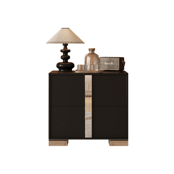 Black Mirrored Nightstand with Two Drawers
