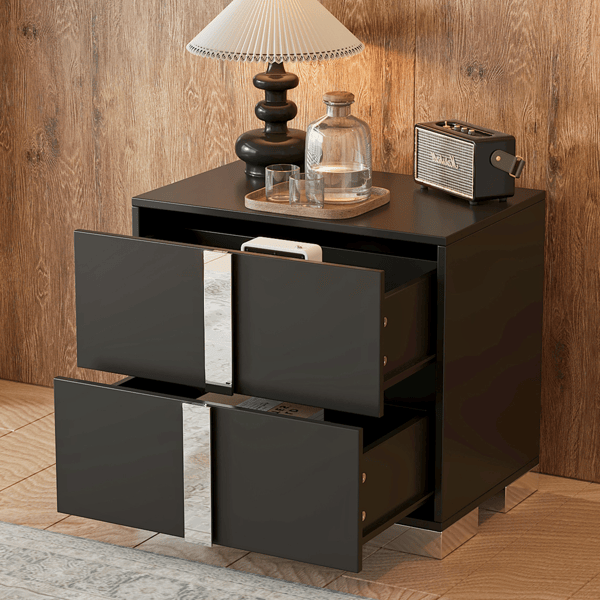 Black Mirrored Nightstand with Two Drawers