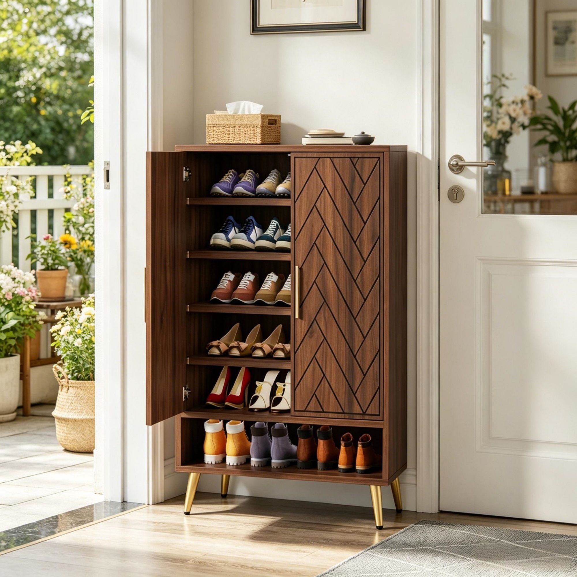 Walnut Shoe Cabinet with Adjustable Tiers