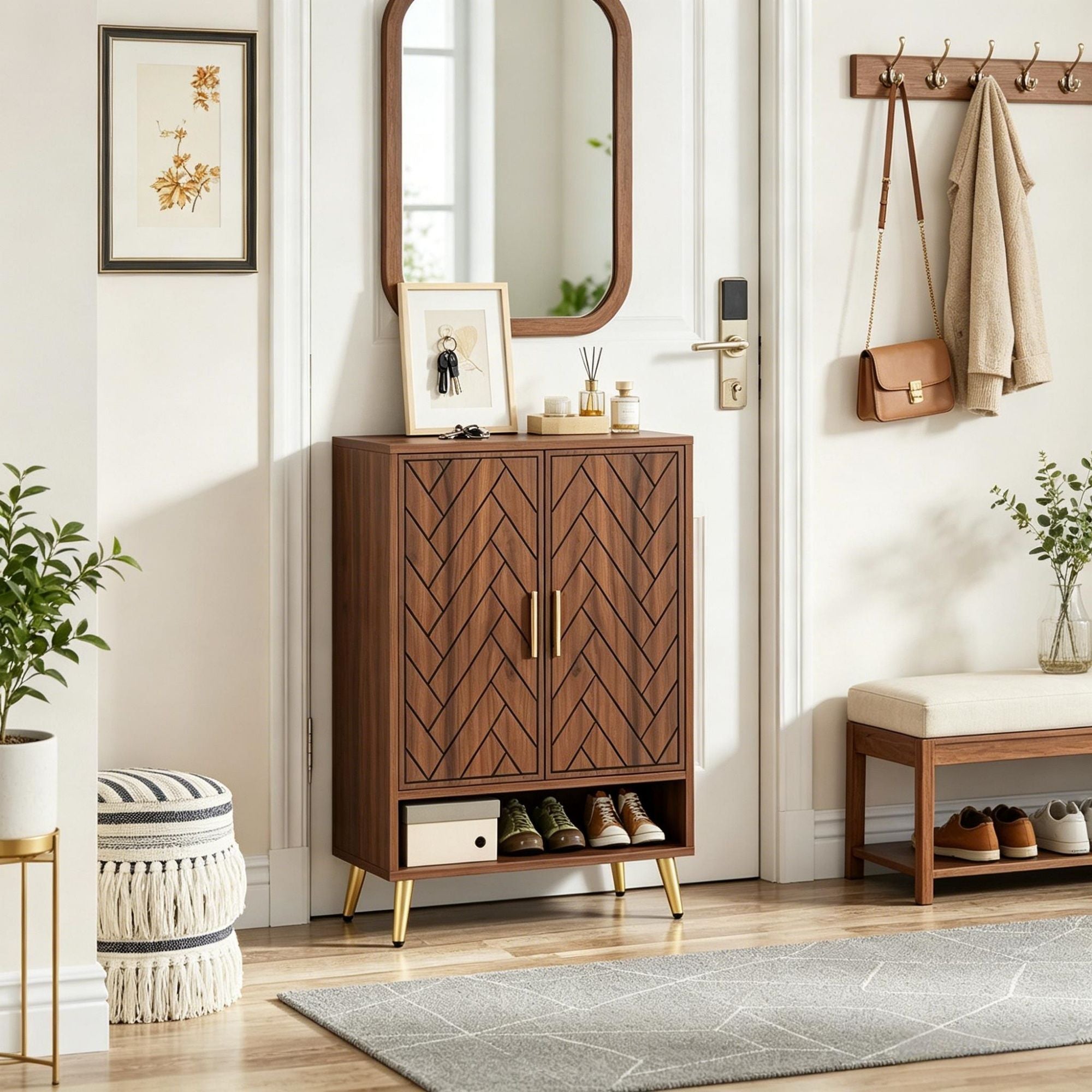Walnut Shoe Cabinet with Adjustable Tiers
