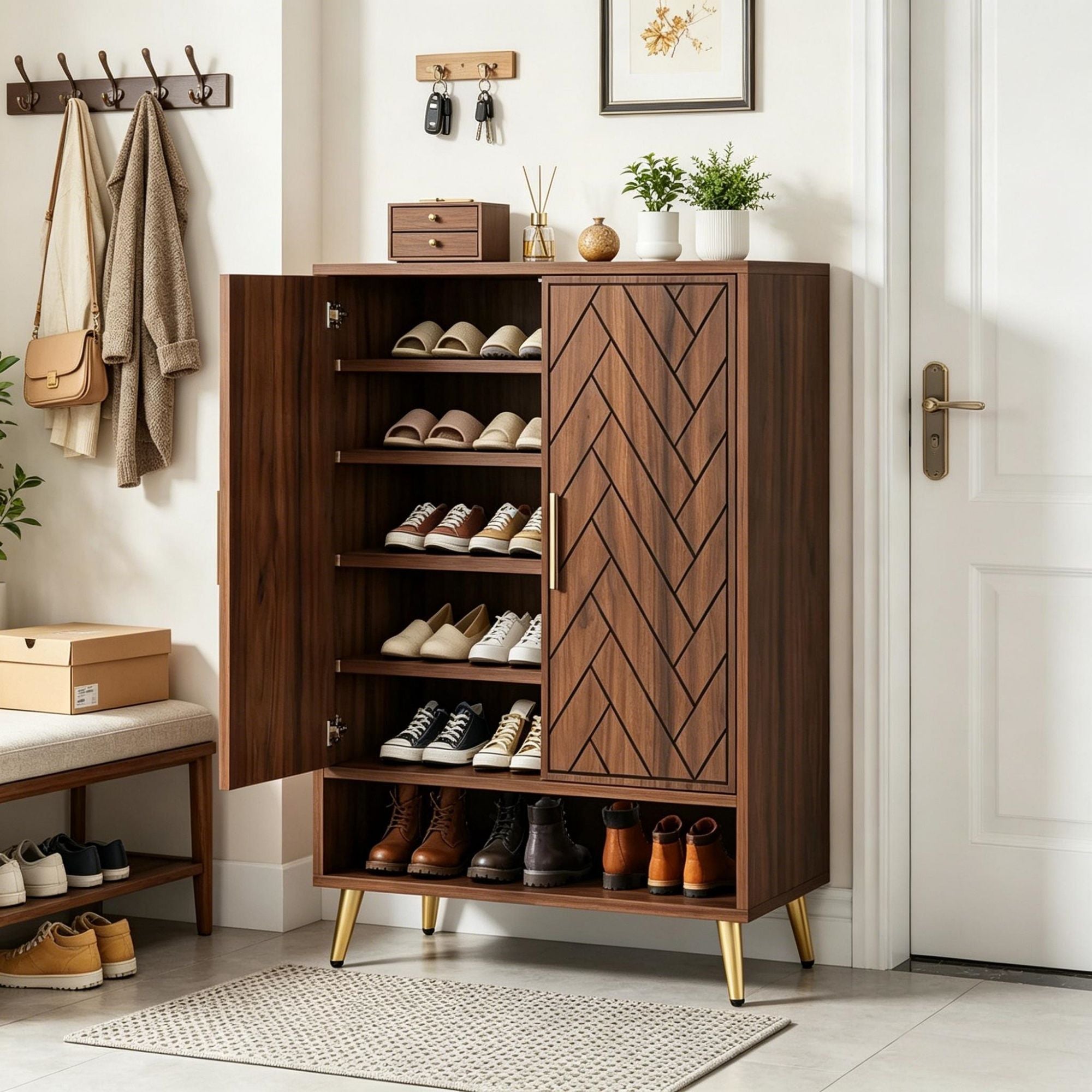 Walnut Shoe Cabinet with Adjustable Tiers