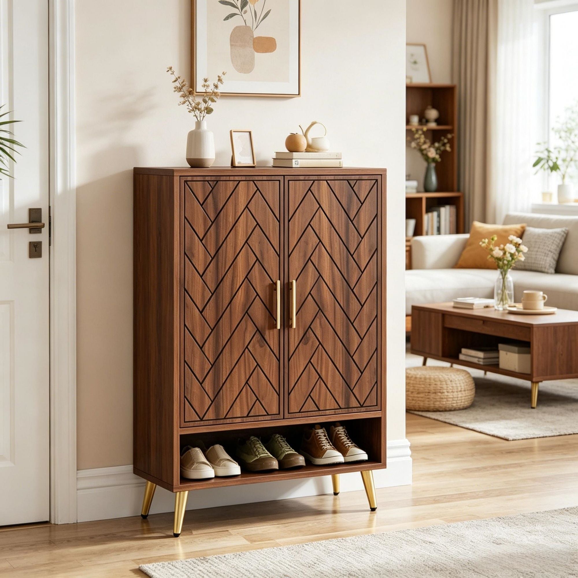 Walnut Shoe Cabinet with Adjustable Tiers