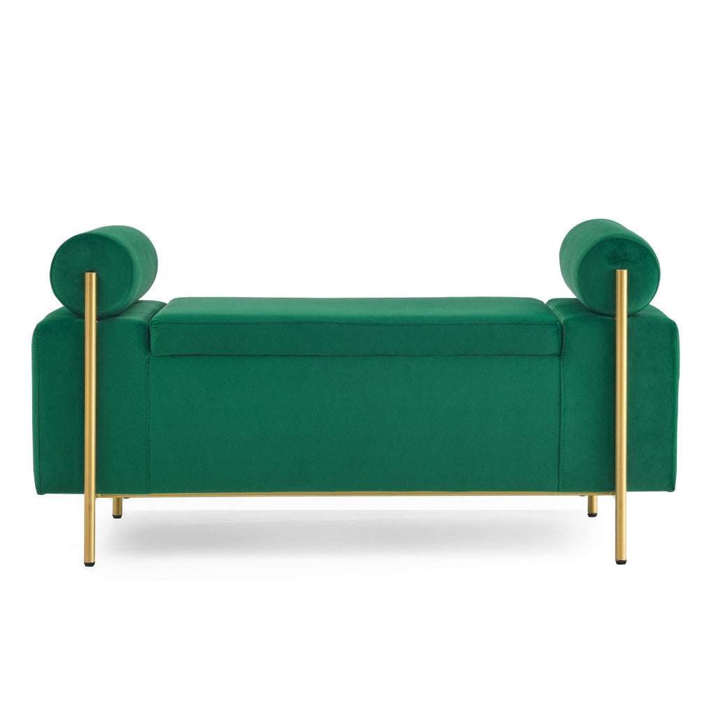 Green Upholstered Storage Bench with Cylindrical Arms