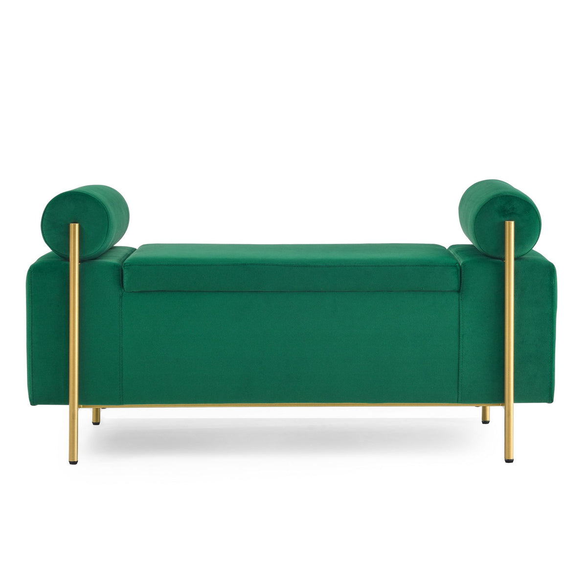 Green Upholstered Storage Bench with Cylindrical Arms