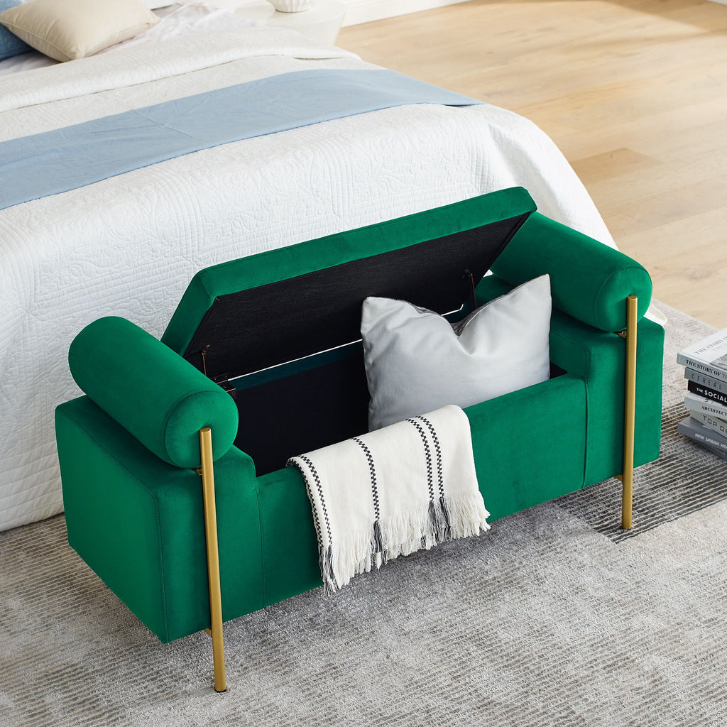 Green Upholstered Storage Bench with Cylindrical Arms