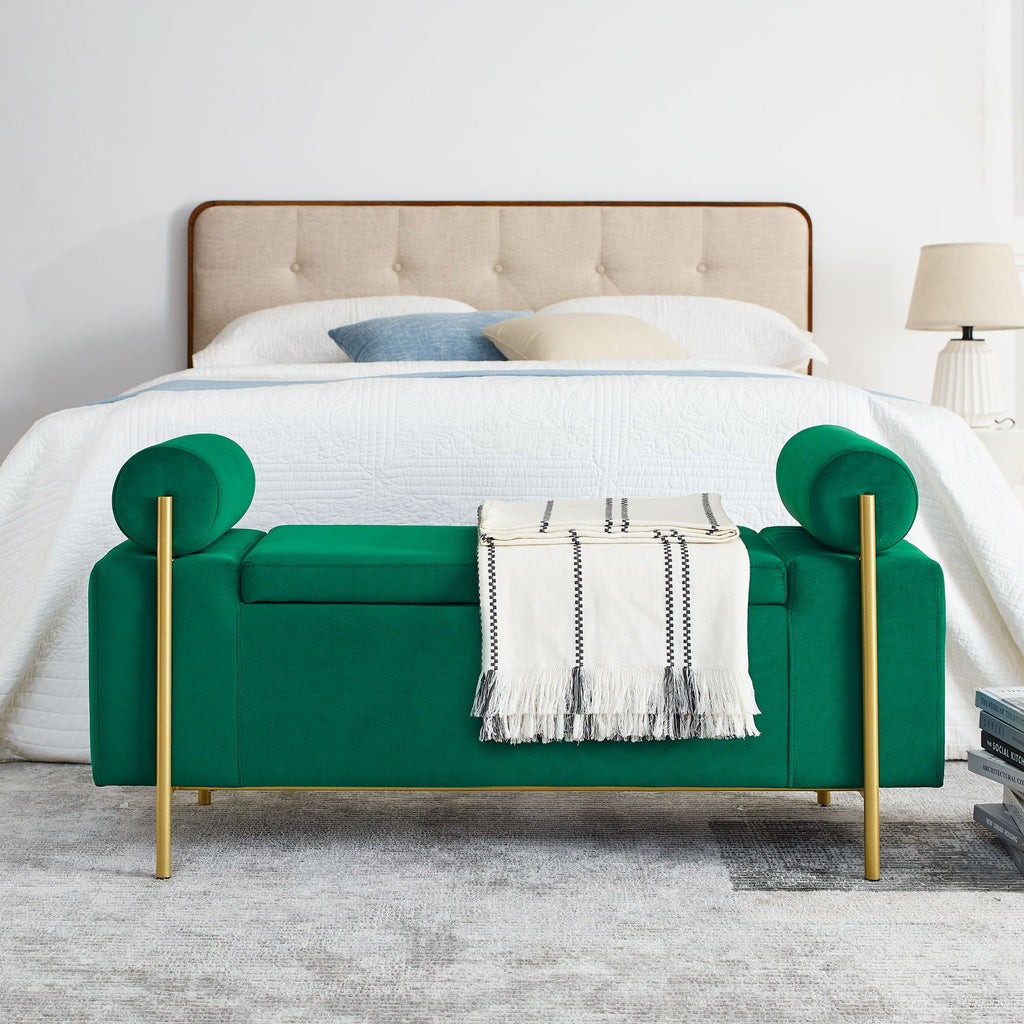 Green Upholstered Storage Bench with Cylindrical Arms