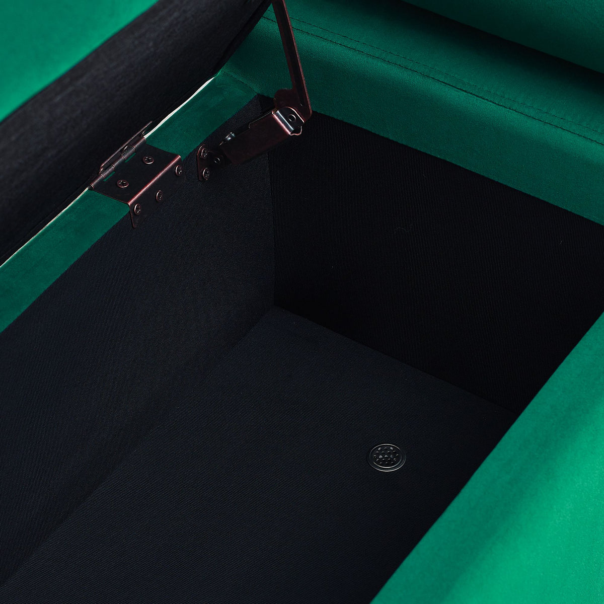 Green Upholstered Storage Bench with Cylindrical Arms