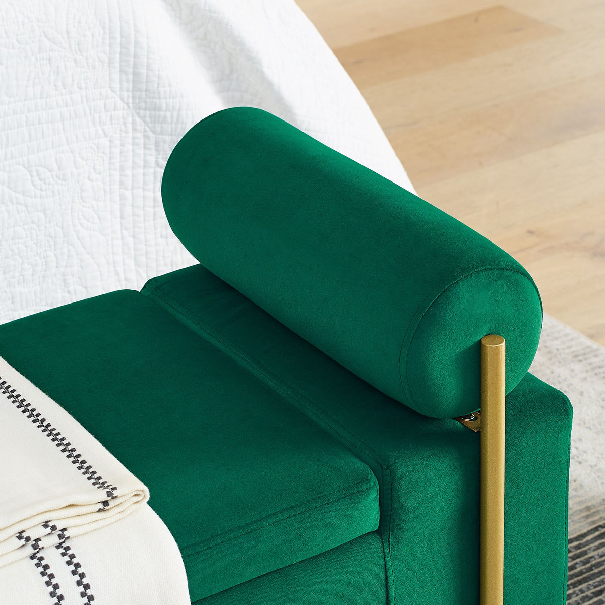 Green Upholstered Storage Bench with Cylindrical Arms